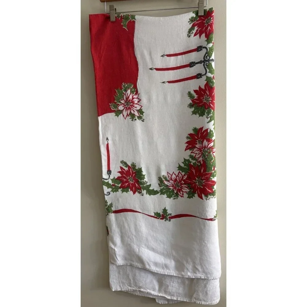 Vintage‎ Christmas Holly Candle Poinsettia Holly Tablecloth White Red Rectangle